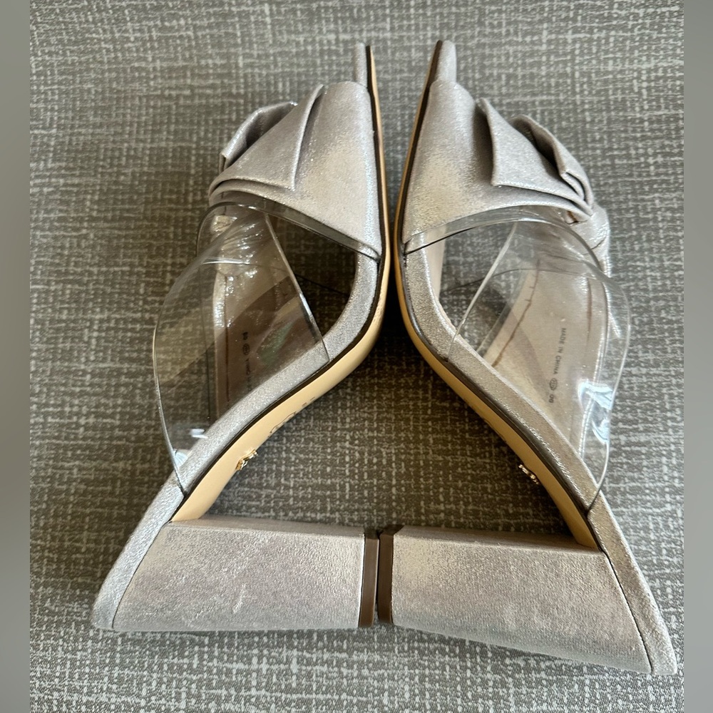 Nina New York Silver Bow Heels Sz 8.5M Clear Strap Block Sandals Wedding Evening - Picture 11 of 14